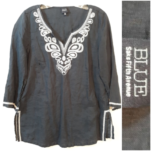Saks Fifth Avenue Tops - Blue Saks Fifth Avenue Embellished Linen Tunic Top
